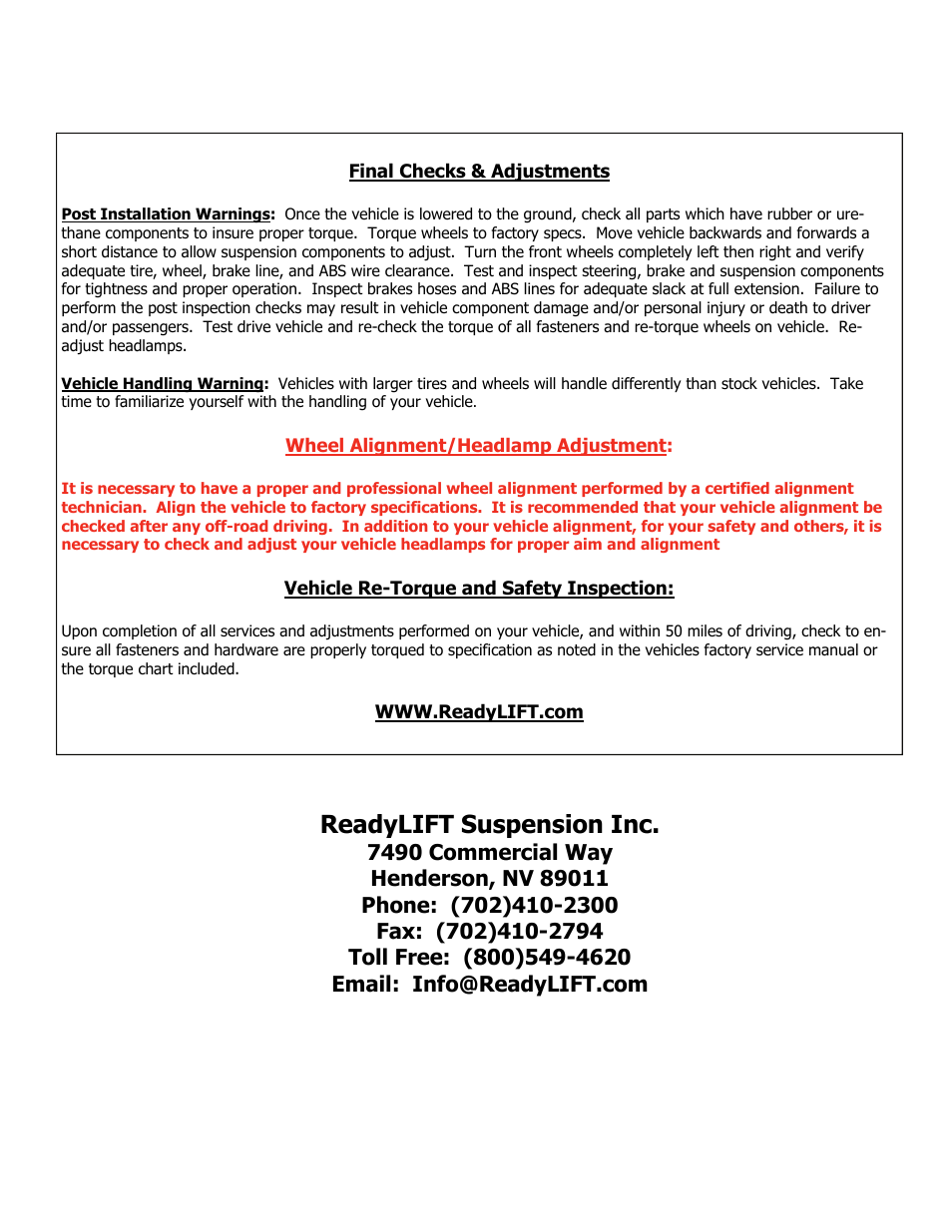 Readylift suspension inc | ReadyLIFT Jeep Wrangler JK 2007-2014, 4.0F/3.0"R SST Coil Spring Lift Kit" User Manual | Page 7 / 7