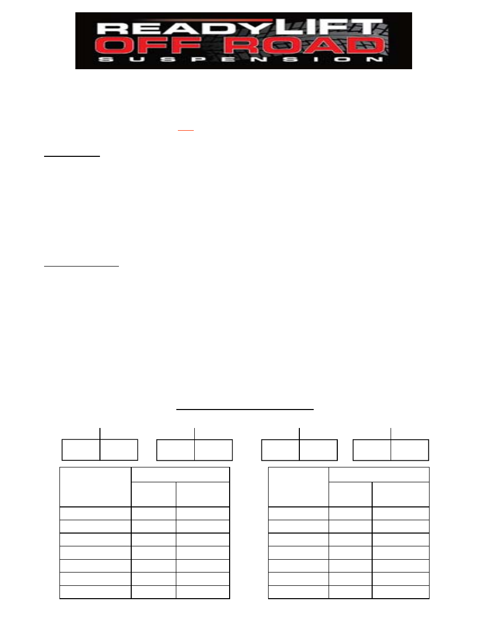 Bolt size sae, Bolt size millimeters, Vehicle ride height chart | Driver front: driver rear: pass. front: pass. rear | ReadyLIFT Jeep JK Wrangler, 2007-UP 4 Max Flex Lift Kit" User Manual | Page 2 / 10