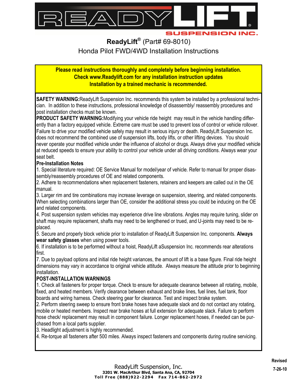 ReadyLIFT Honda Pilot, 2009-2011, 2WD & 4WD, 2.0F/1.0"R" User Manual | 7 pages