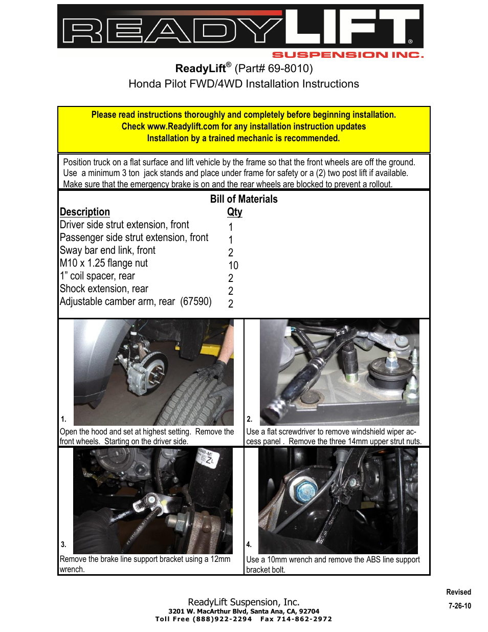 ReadyLIFT Honda Pilot, 2009-2011, 2WD & 4WD, 2.0F/1.0"R" User Manual | Page 2 / 7