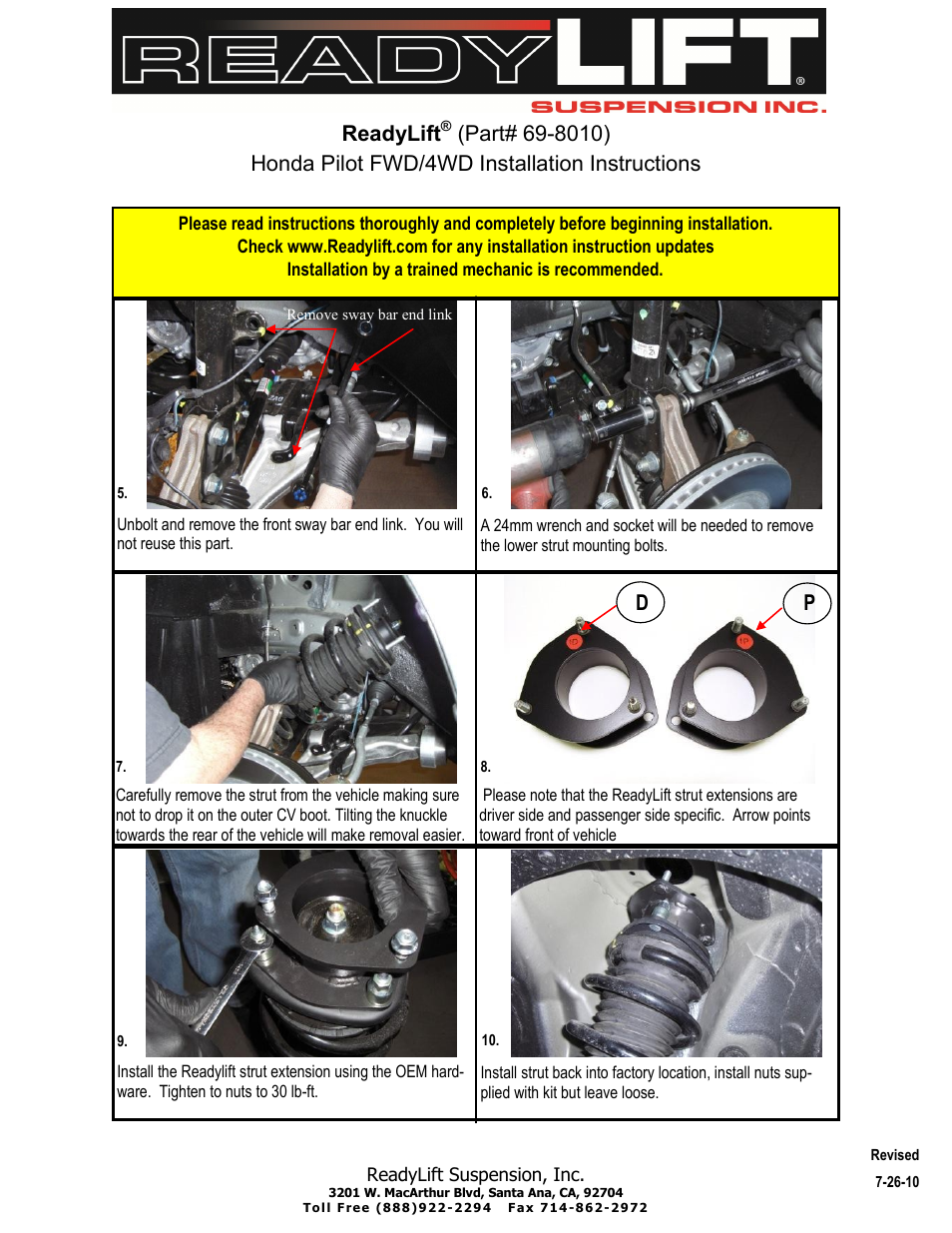 Readylift | ReadyLIFT Honda Pilot, 2009-2011, 2WD & 4WD, 2.0F/1.0"R" User Manual | Page 3 / 7