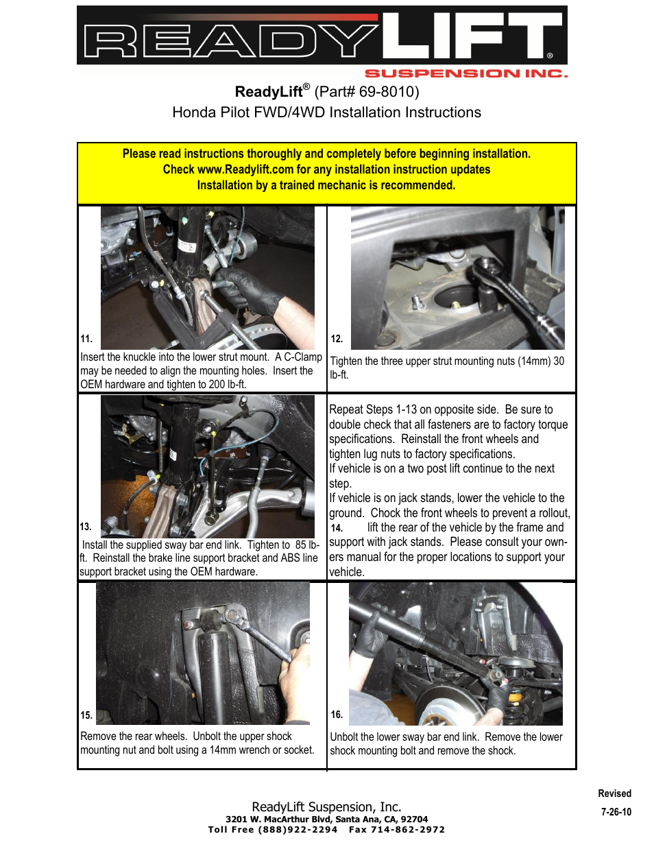 Readylift | ReadyLIFT Honda Pilot, 2009-2011, 2WD & 4WD, 2.0F/1.0"R" User Manual | Page 4 / 7