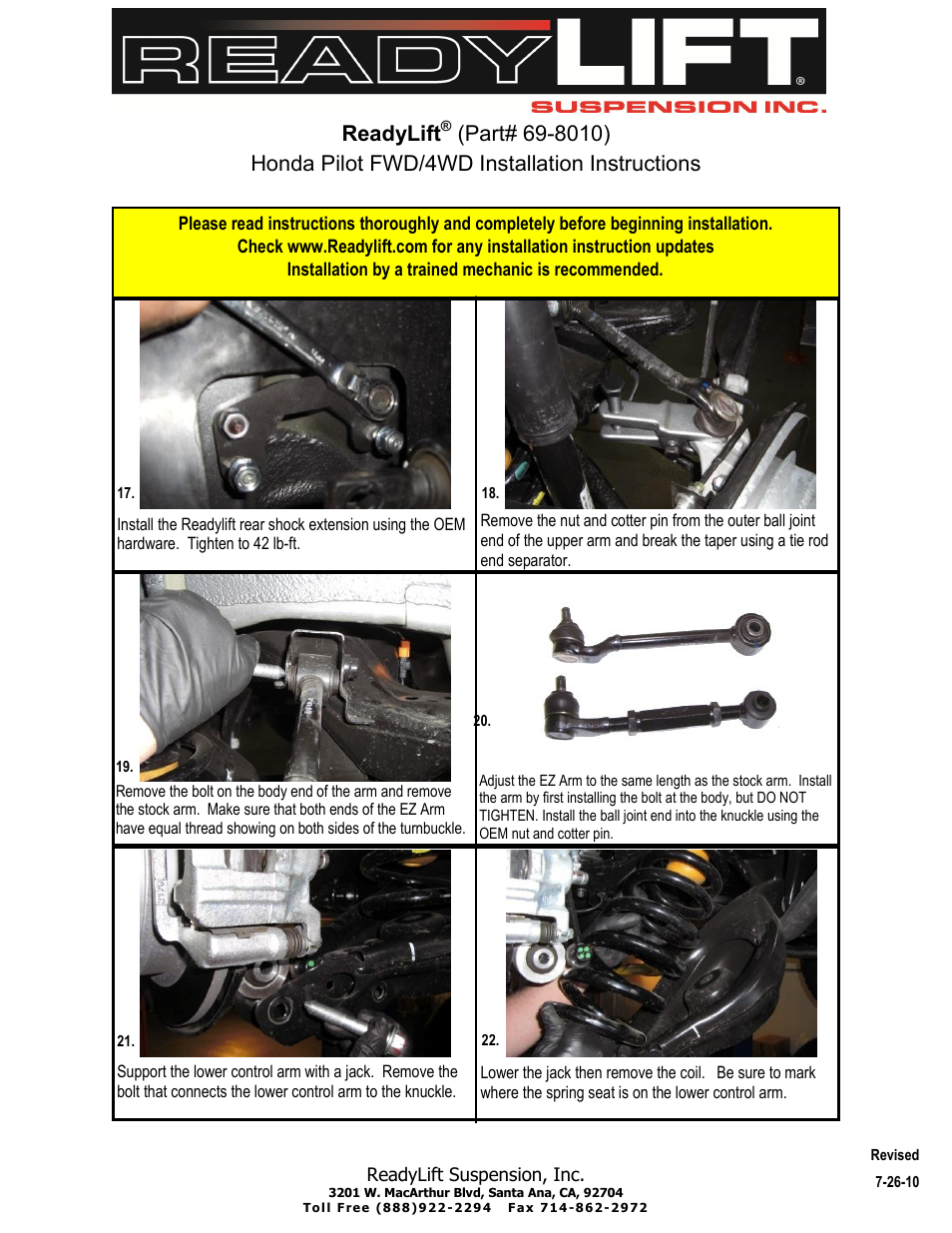 Readylift | ReadyLIFT Honda Pilot, 2009-2011, 2WD & 4WD, 2.0F/1.0"R" User Manual | Page 5 / 7