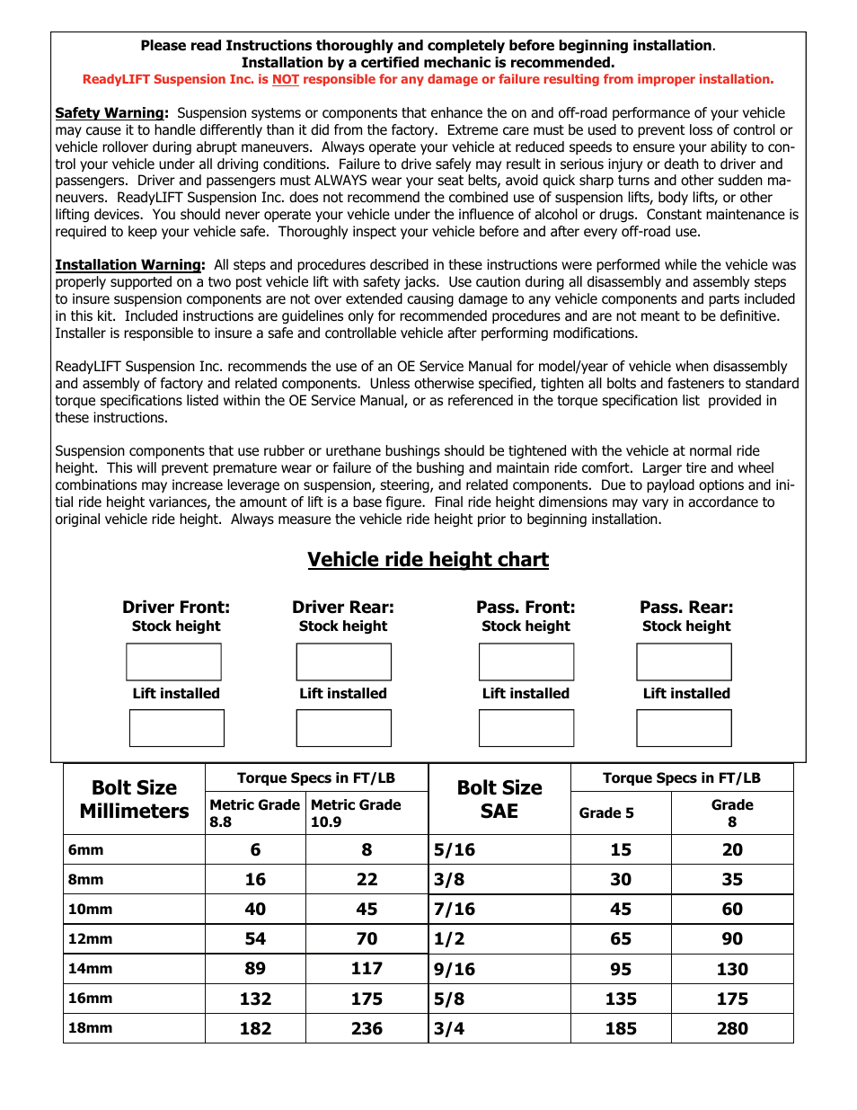 Bolt size millimeters, Bolt size sae, Vehicle ride height chart | ReadyLIFT Ford Super Duty F250 Only, 2011-2014, 4WD Only, 4 Rear Block Kit" User Manual | Page 2 / 4