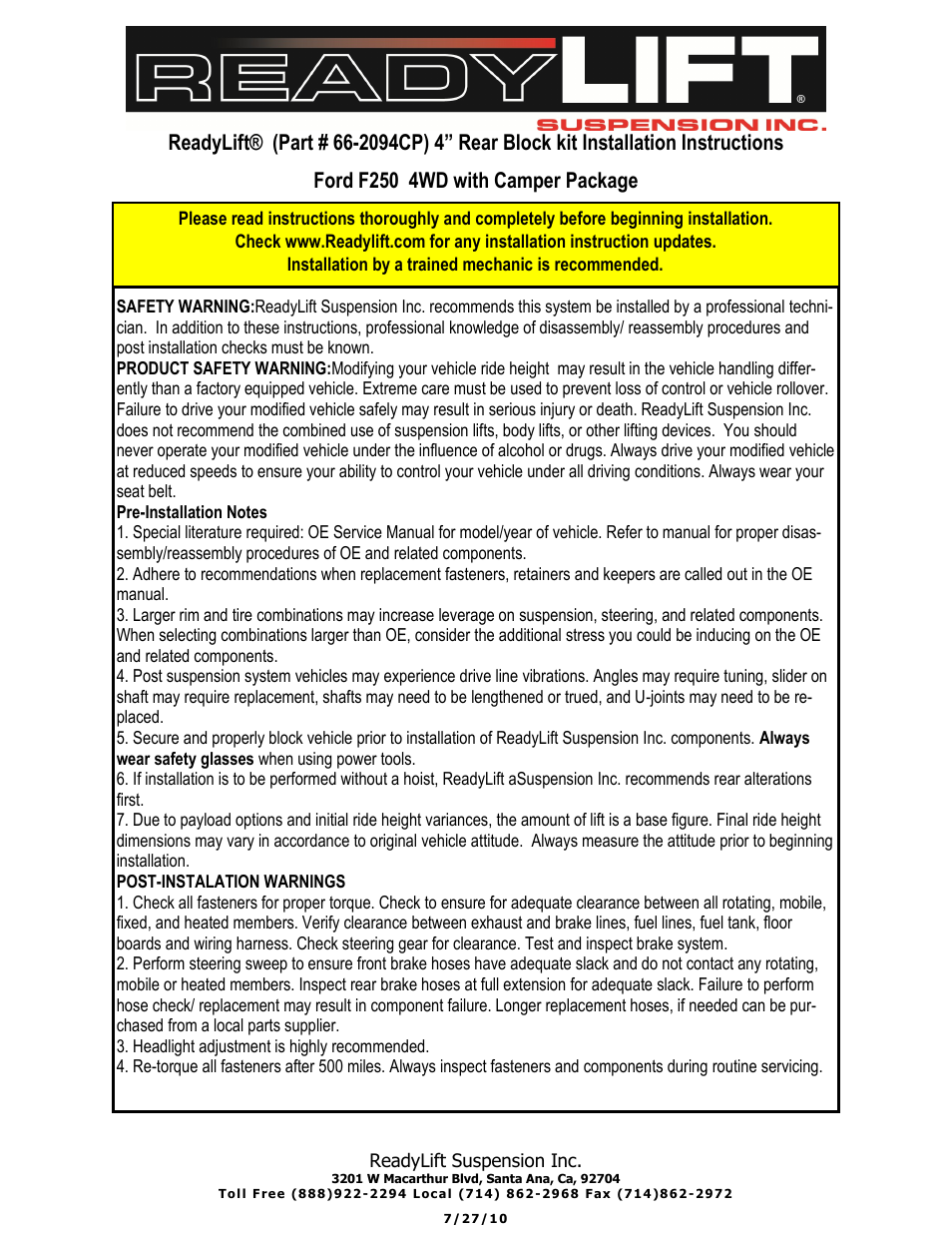ReadyLIFT Ford F250 Super Duty 1999-2010, 4WD, 4 Block Kit" User Manual | 3 pages