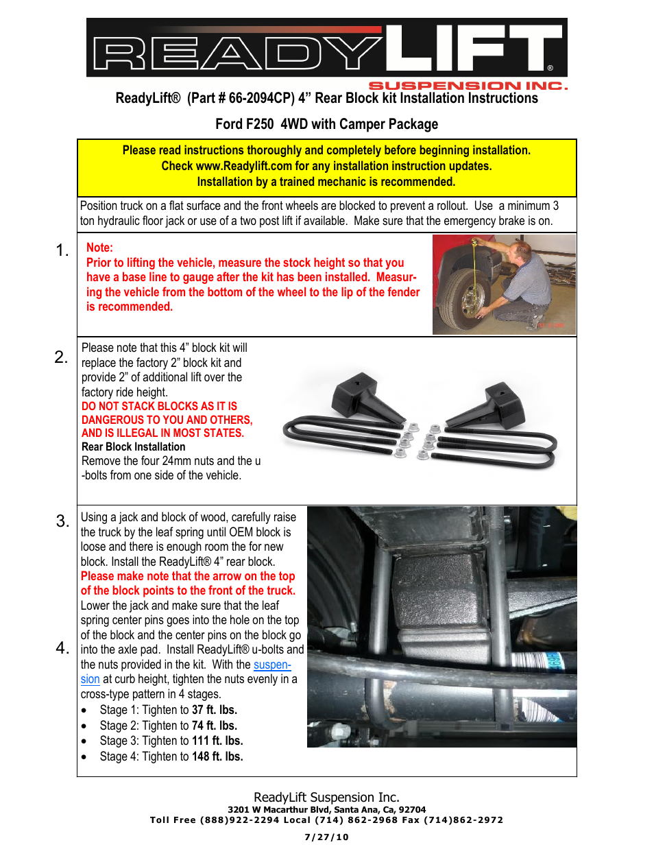 ReadyLIFT Ford F250 Super Duty 1999-2010, 4WD, 4 Block Kit" User Manual | Page 2 / 3