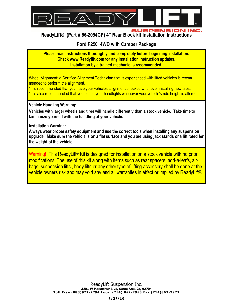 ReadyLIFT Ford F250 Super Duty 1999-2010, 4WD, 4 Block Kit" User Manual | Page 3 / 3