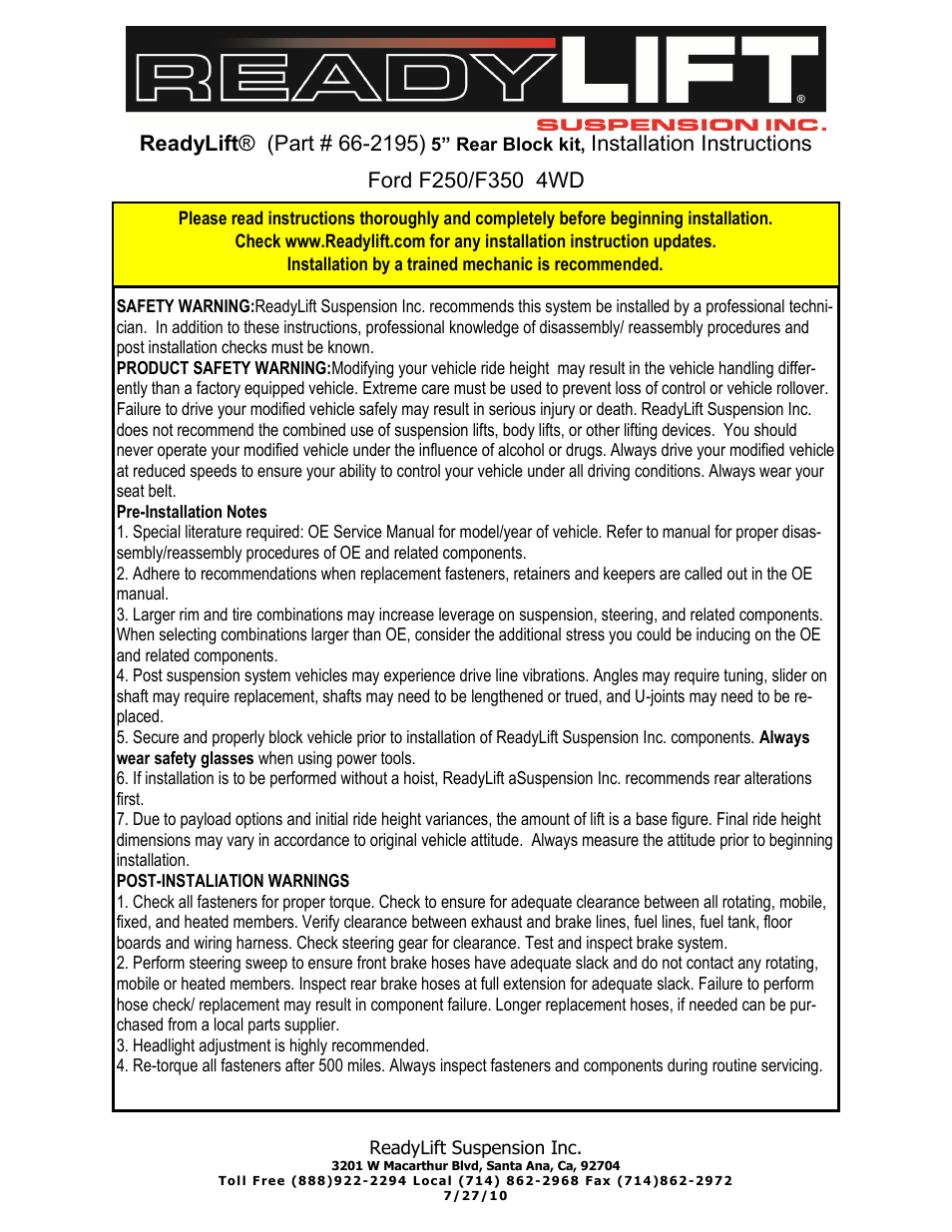 ReadyLIFT Ford F350 Super Duty, 1999-2010, 4WD, 5 Block Kit" User Manual | 3 pages