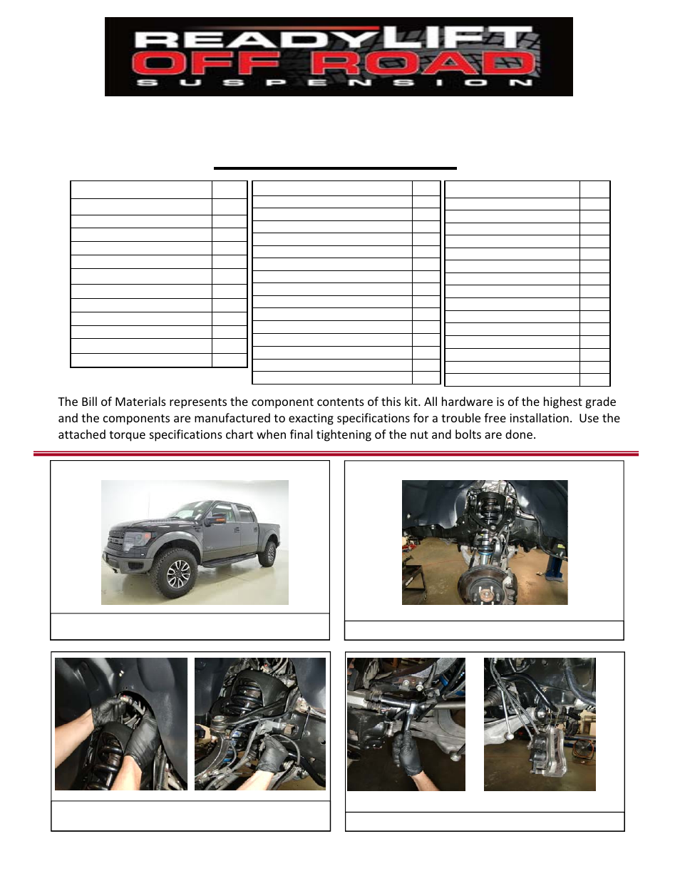 Bill of materials | ReadyLIFT Ford Raptor 2010-2014 - Mid Travel Off Road Upgrade Kit User Manual | Page 3 / 8