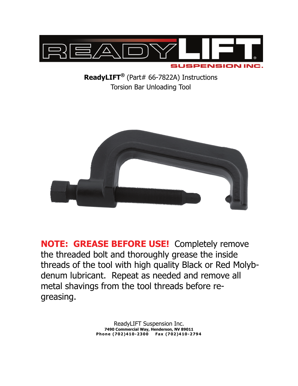 ReadyLIFT Torsion Key Unloading Tool - 66-7822A User Manual | 1 page