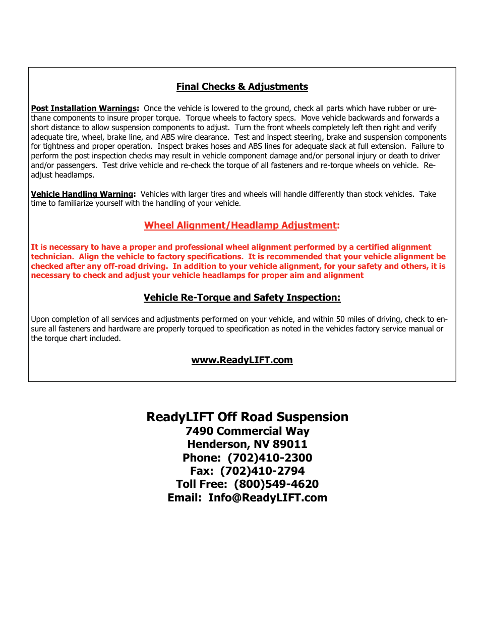 Readylift off road suspension | ReadyLIFT Ford F550 Super Duty 4WD, 2005-2013 - Radius Arm Kit User Manual | Page 5 / 5