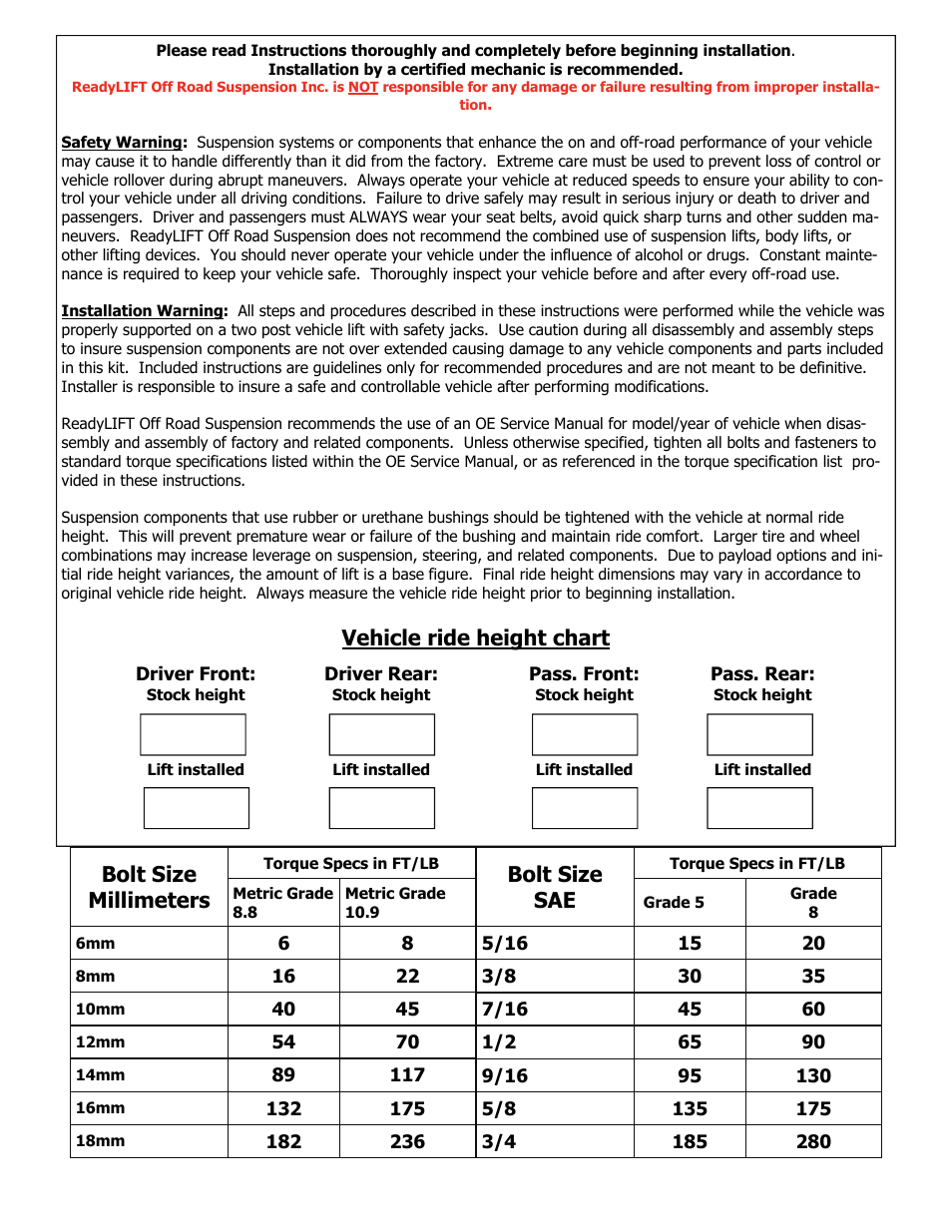 Bolt size millimeters, Bolt size sae, Vehicle ride height chart | ReadyLIFT Jeep JK Wrangler, 2007-2014 - Adjustable Rear Trac Bar User Manual | Page 2 / 4