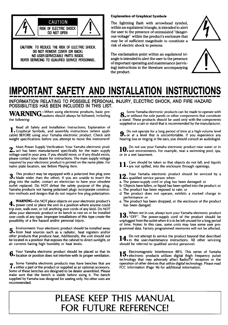 Caution, Important safety and installation instructions, Please keep this manual for future reference | Yamaha CLP-100 User Manual | Page 2 / 11