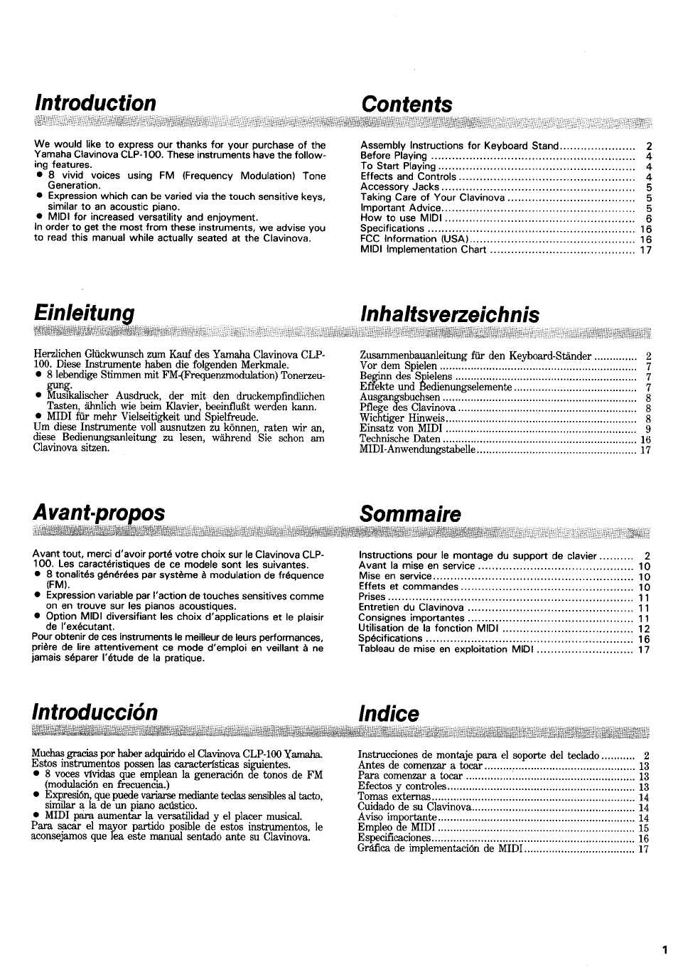 Introduction contents, Einleitung inhaltsverzeichnis, Avant-propos sommaire | Introducción indice | Yamaha CLP-100 User Manual | Page 3 / 11