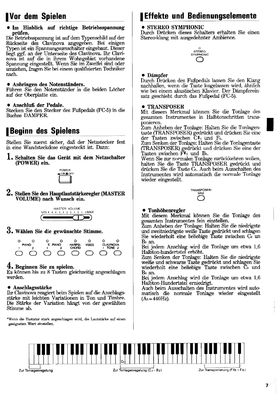 Vor dem spielen, Ibeginn des spielens, Effekte und bedienungselemente | Rmnimni, Nminrinnnr liinirii | Yamaha CLP-100 User Manual | Page 6 / 11