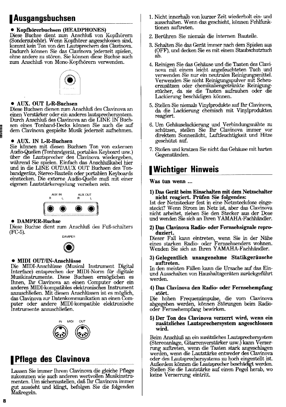 Kopfhörerbuehsen (headphones), Aux. out lrr-buchsen, Aux. in l-r-buchsen | Damper-buchse, Midi out/in-anschlüsse, Was tun wenn, I ausgangsbuchsen, Pflege des clavinova, Wichtiger hinvvers | Yamaha CLP-100 User Manual | Page 7 / 11