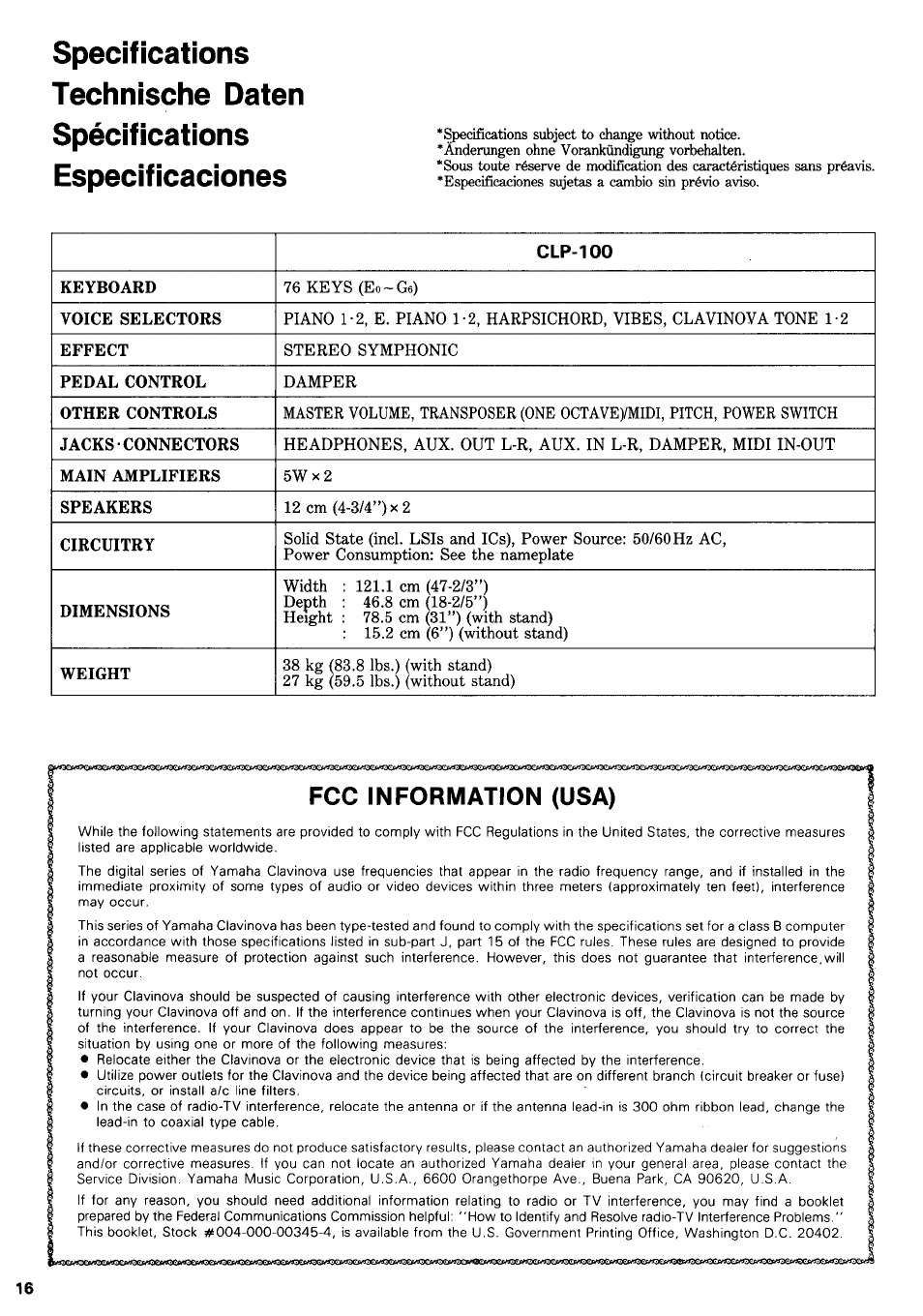Fcc information (usa) | Yamaha CLP-100 User Manual | Page 9 / 11