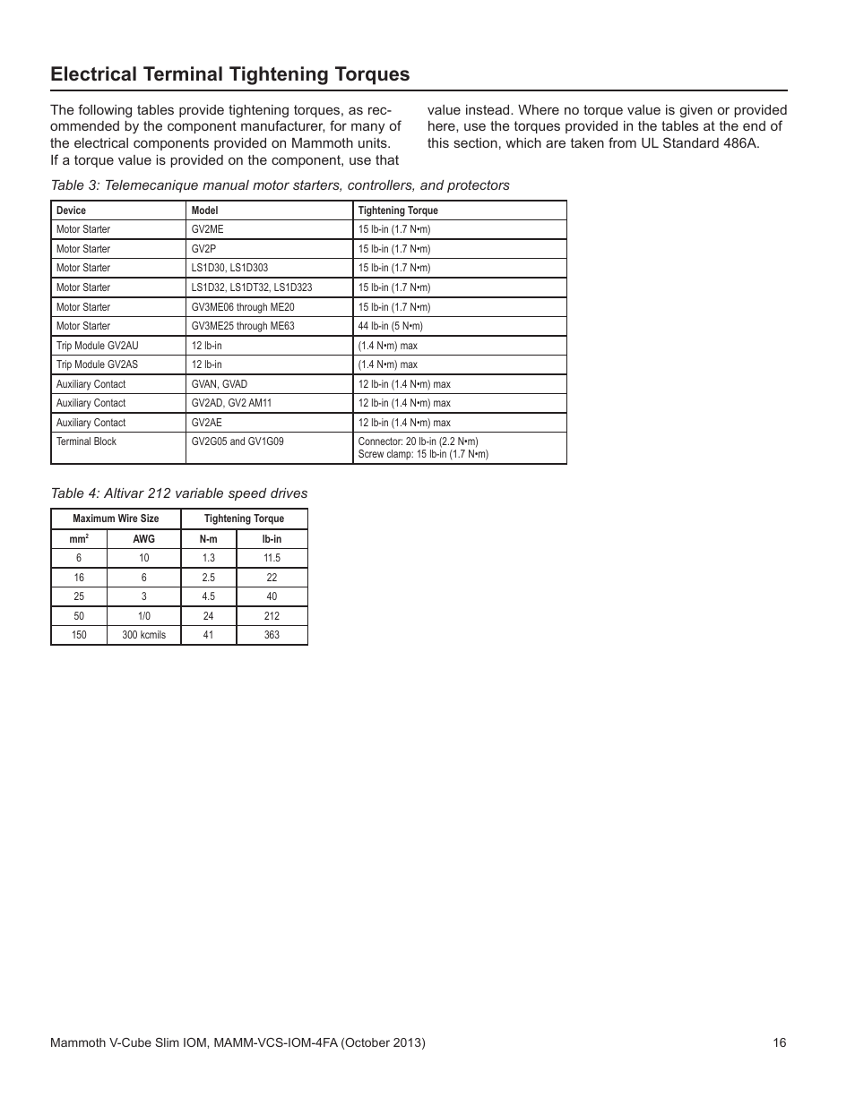 Electrical terminal tightening torques | Mammoth V-Cube Slim F-Series Sizes 180 to 350 User Manual | Page 16 / 20