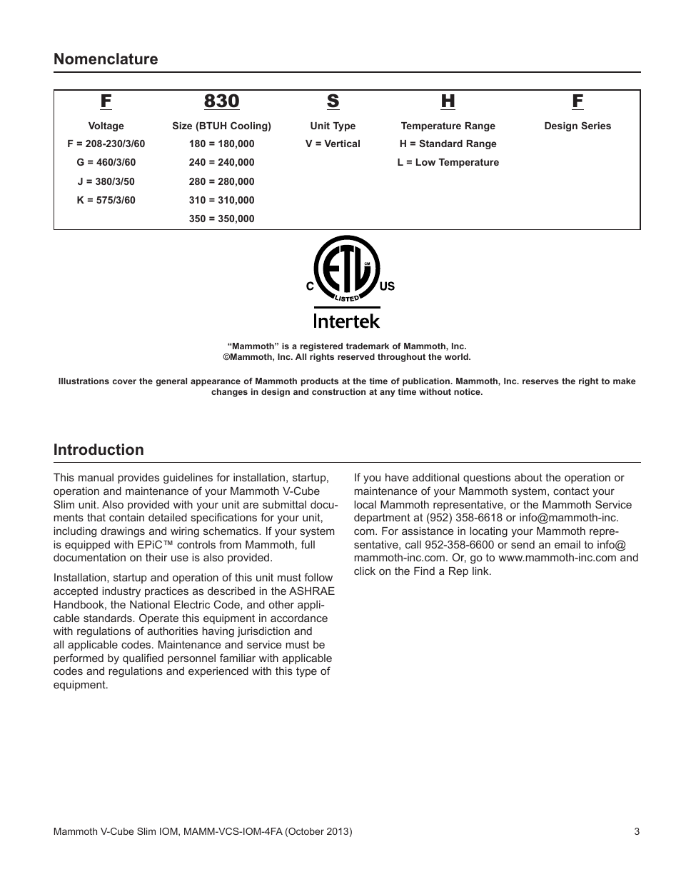 Nomenclature, Introduction, Nomenclature introduction | F830 s h f | Mammoth V-Cube Slim F-Series Sizes 180 to 350 User Manual | Page 3 / 20