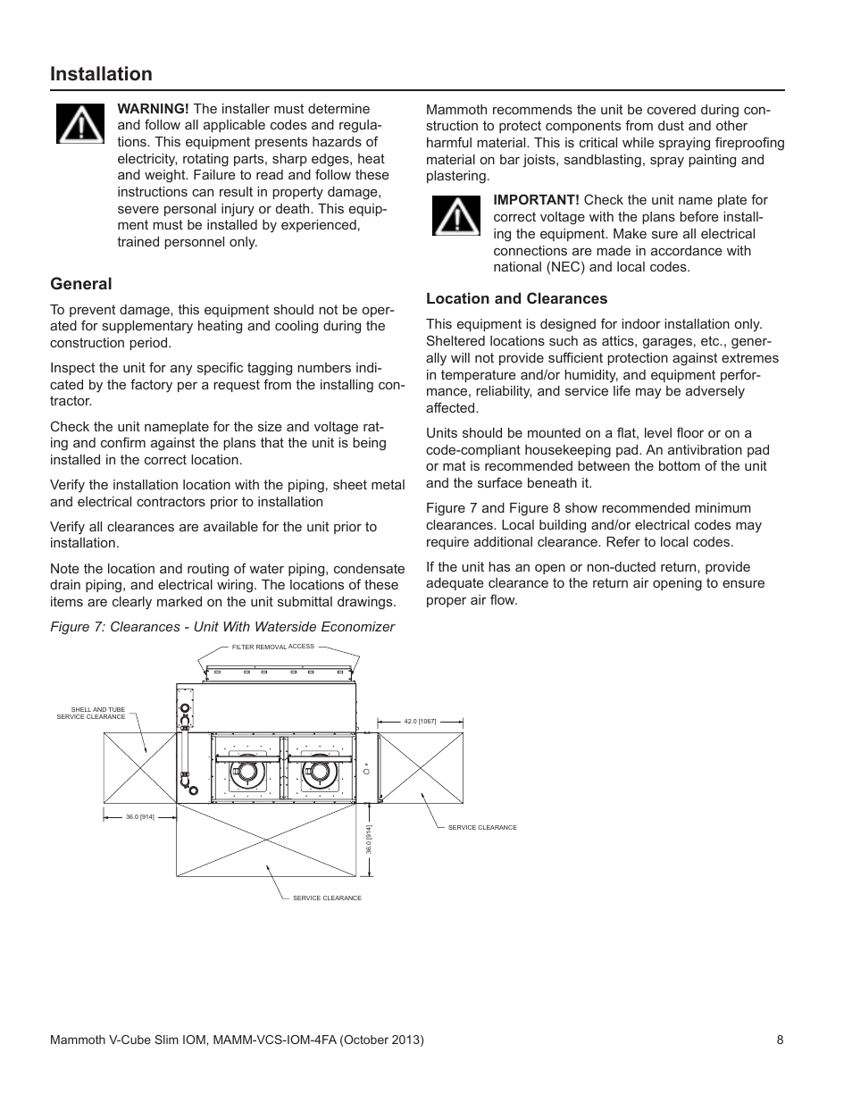 Installation, General, Location and clearances | Mammoth V-Cube Slim F-Series Sizes 180 to 350 User Manual | Page 8 / 20