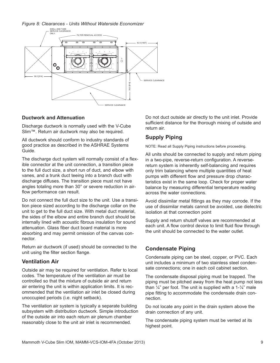 Ventilation air, Supply piping, Condensate piping | Ductwork and attenuation | Mammoth V-Cube Slim F-Series Sizes 180 to 350 User Manual | Page 9 / 20