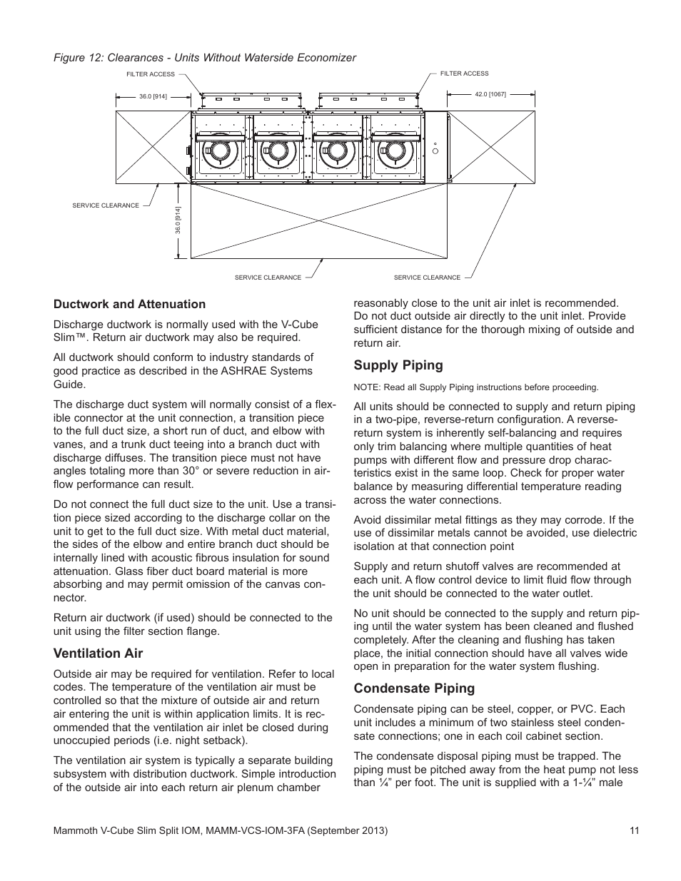 Ventilation air, Supply piping, Condensate piping | Mammoth V-Cube Slim Split F-Series Sizes 830 and 840 User Manual | Page 11 / 24