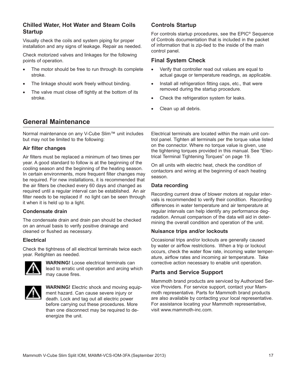 General maintenance | Mammoth V-Cube Slim Split F-Series Sizes 830 and 840 User Manual | Page 17 / 24