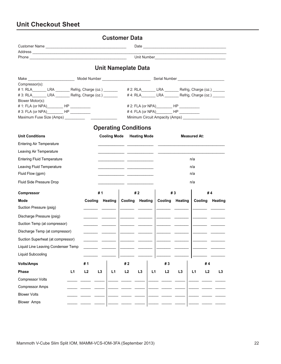 V-cube slim unit checkout sheet, Unit checkout sheet, Customer data | Unit nameplate data, Operating conditions | Mammoth V-Cube Slim Split F-Series Sizes 830 and 840 User Manual | Page 22 / 24