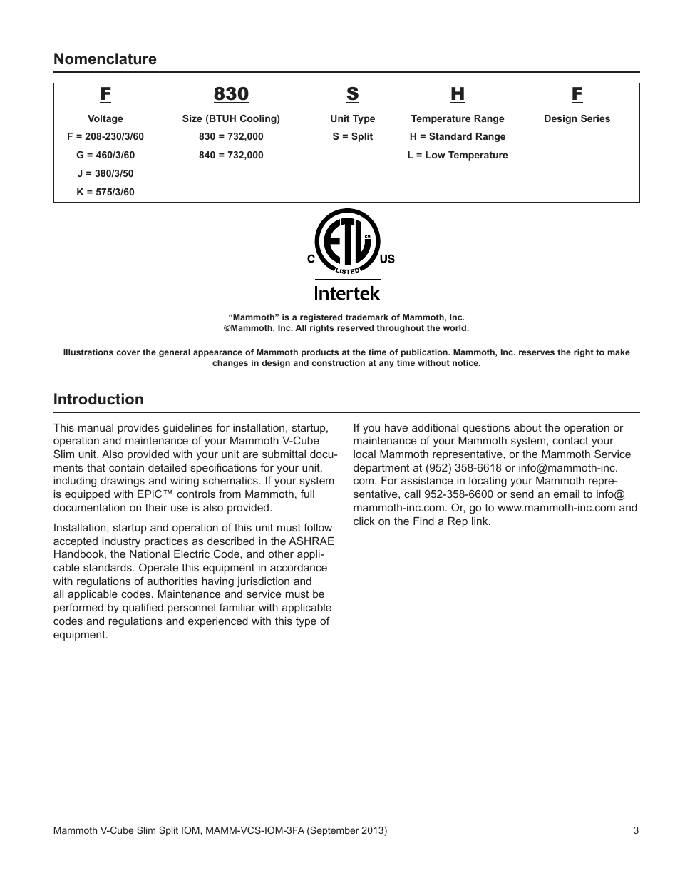 Nomenclature, F830 s h f, Introduction | Mammoth V-Cube Slim Split F-Series Sizes 830 and 840 User Manual | Page 3 / 24
