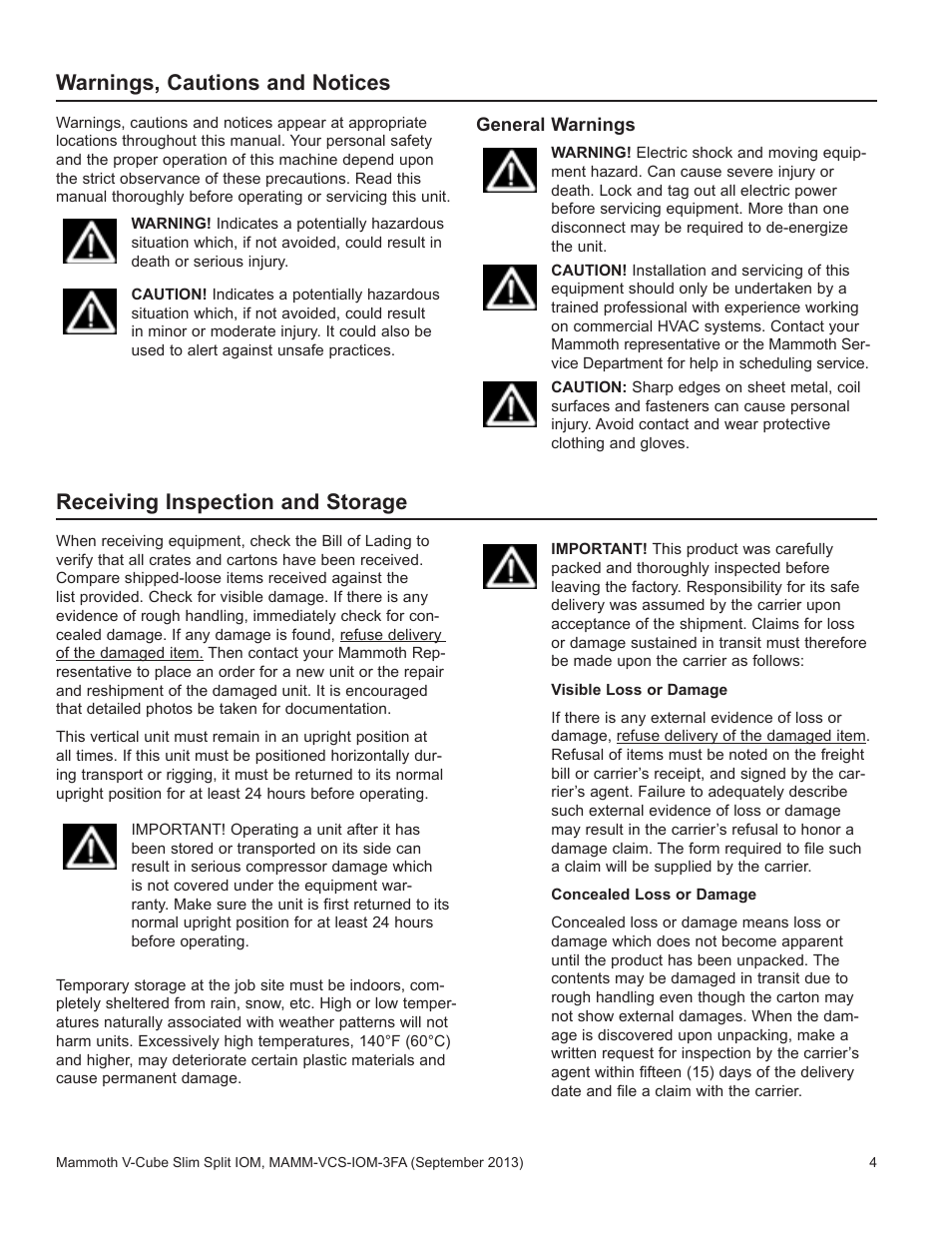 Warnings, cautions and notices, Receiving inspection and storage | Mammoth V-Cube Slim Split F-Series Sizes 830 and 840 User Manual | Page 4 / 24