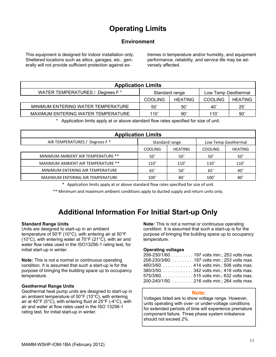 Operating limits, Additional information for initial start-up only | Mammoth 2 to 6 Tons: High Efficiency, Superior IAQ Single Circuit Vertical (B-Vintage) User Manual | Page 11 / 22