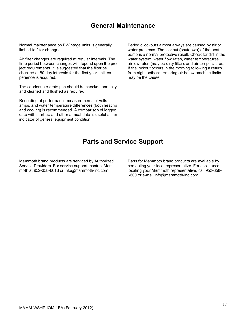 General maintenance, Parts and service support | Mammoth 2 to 6 Tons: High Efficiency, Superior IAQ Single Circuit Vertical (B-Vintage) User Manual | Page 17 / 22