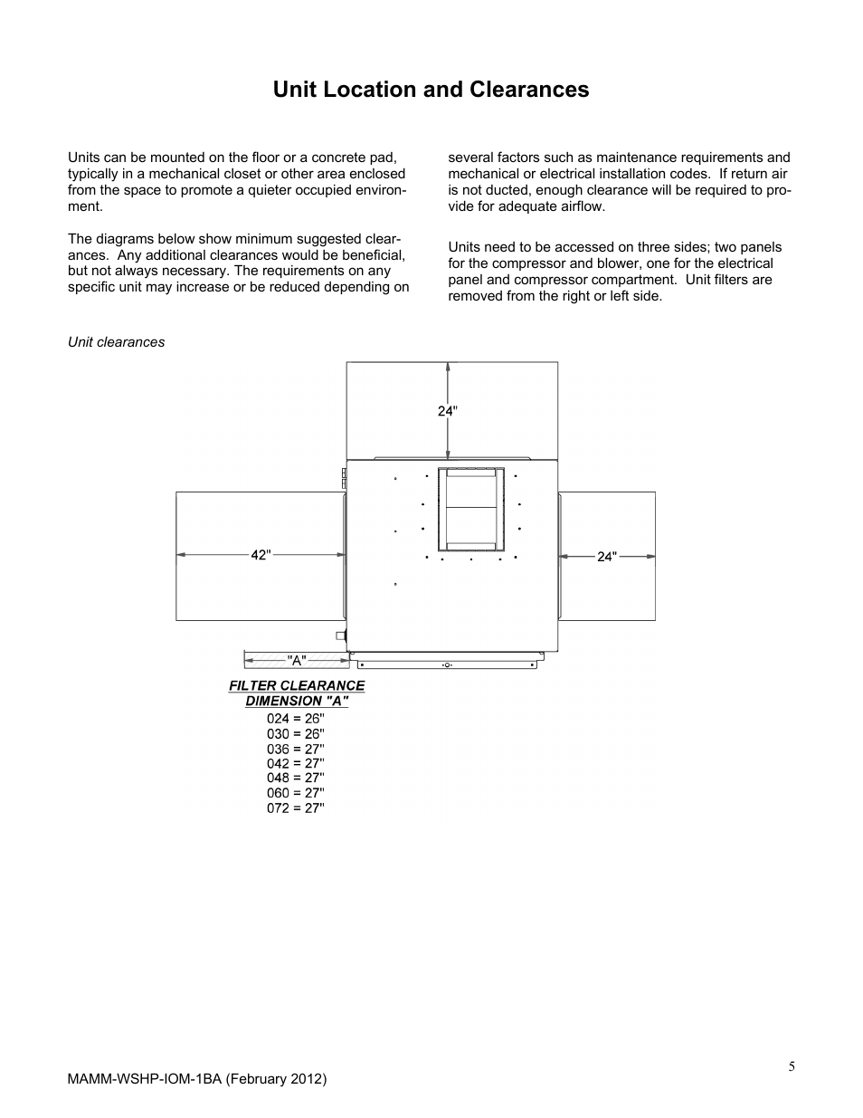 Unit location and clearances | Mammoth 2 to 6 Tons: High Efficiency, Superior IAQ Single Circuit Vertical (B-Vintage) User Manual | Page 5 / 22