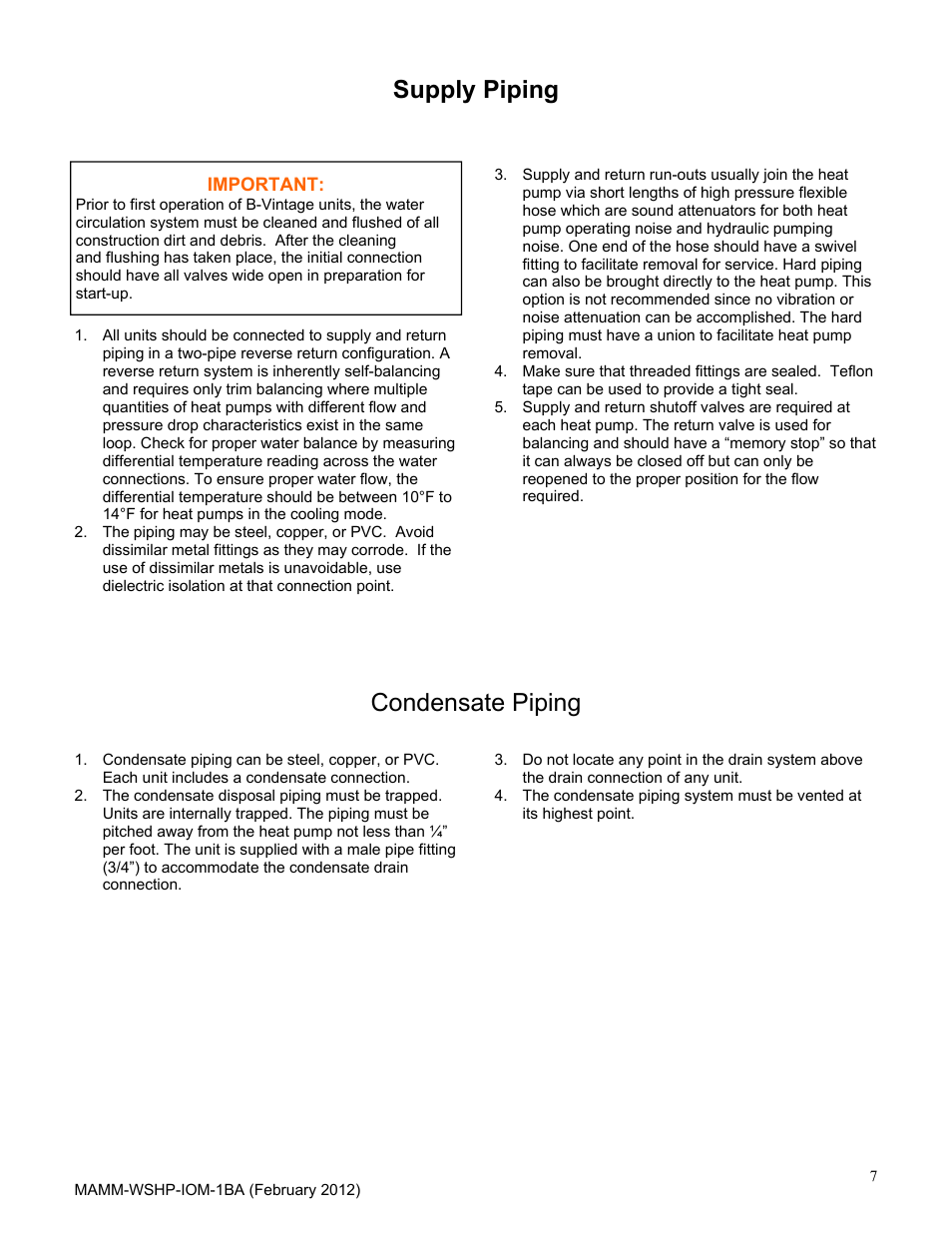 Supply piping, Condensate piping | Mammoth 2 to 6 Tons: High Efficiency, Superior IAQ Single Circuit Vertical (B-Vintage) User Manual | Page 7 / 22