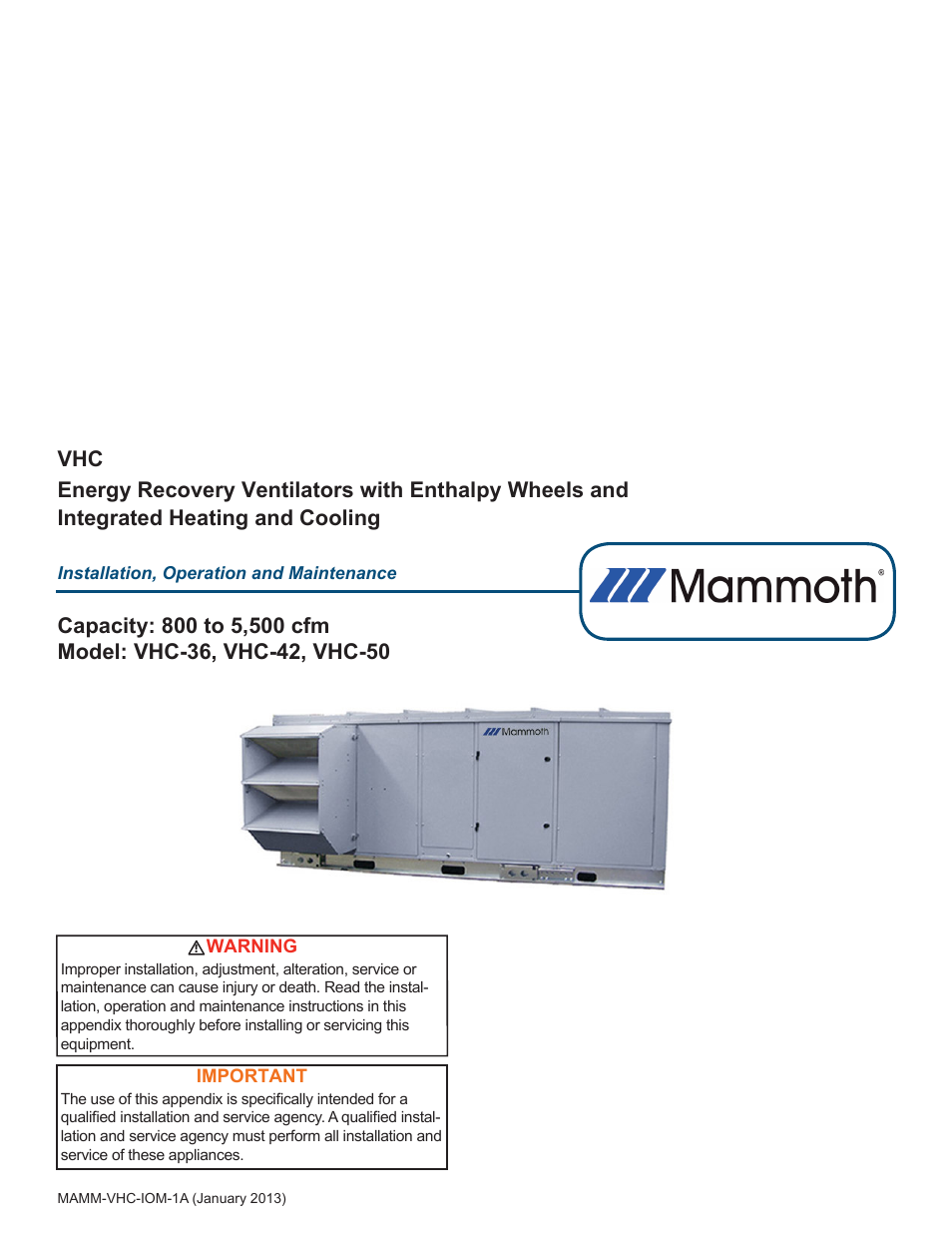 Mammoth 800 to 5500 CFM: Dedicated Outdoor Air System with Enthalpy Wheels (VHC) User Manual | 48 pages