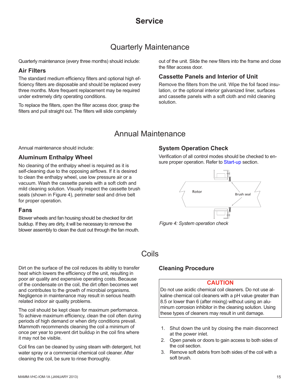 Quarterly maintenance annual maintenance coils, Service | Mammoth 800 to 5500 CFM: Dedicated Outdoor Air System with Enthalpy Wheels (VHC) User Manual | Page 15 / 48