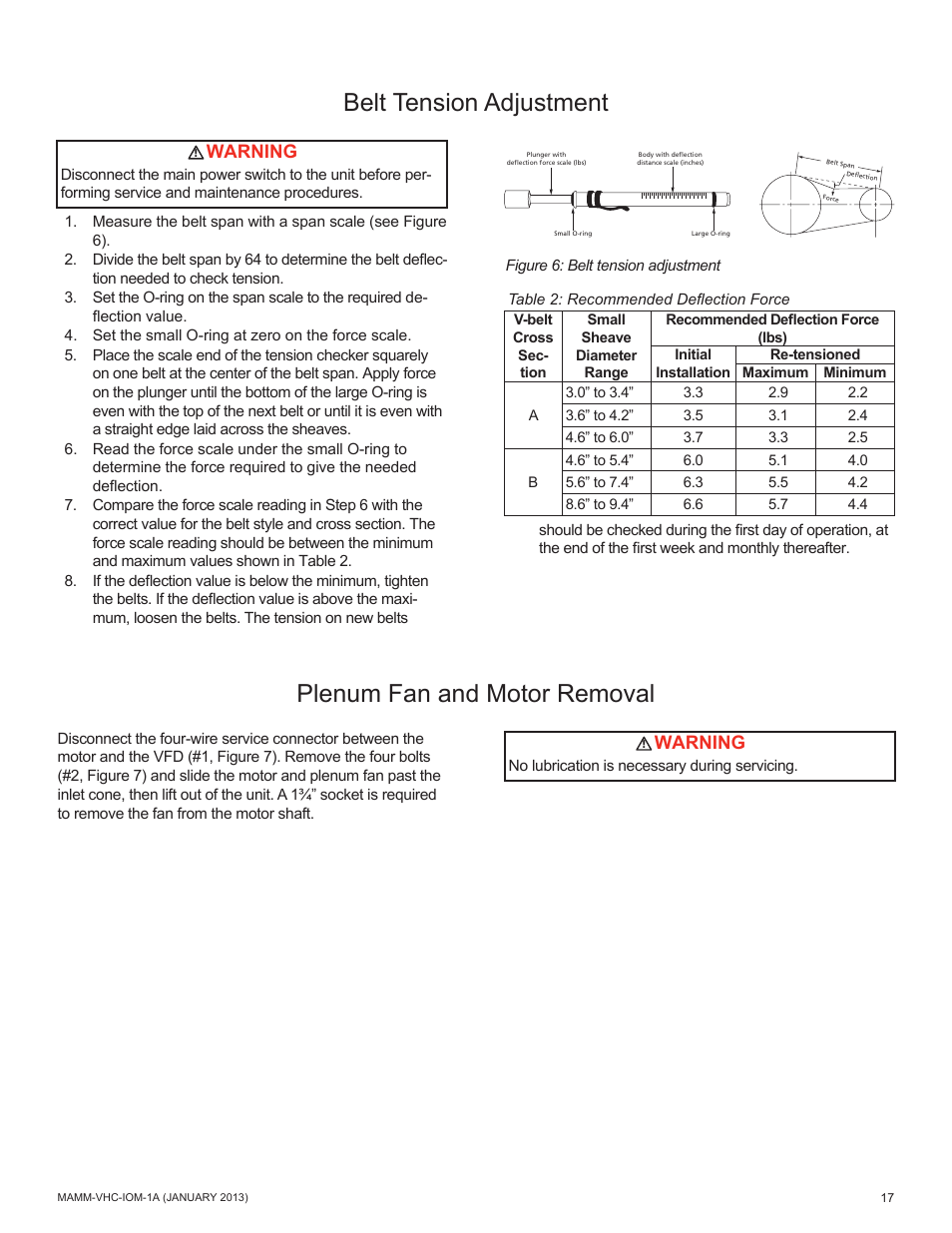 Plenum fan and motor removal, Belt tension adjustment, Warning | Mammoth 800 to 5500 CFM: Dedicated Outdoor Air System with Enthalpy Wheels (VHC) User Manual | Page 17 / 48
