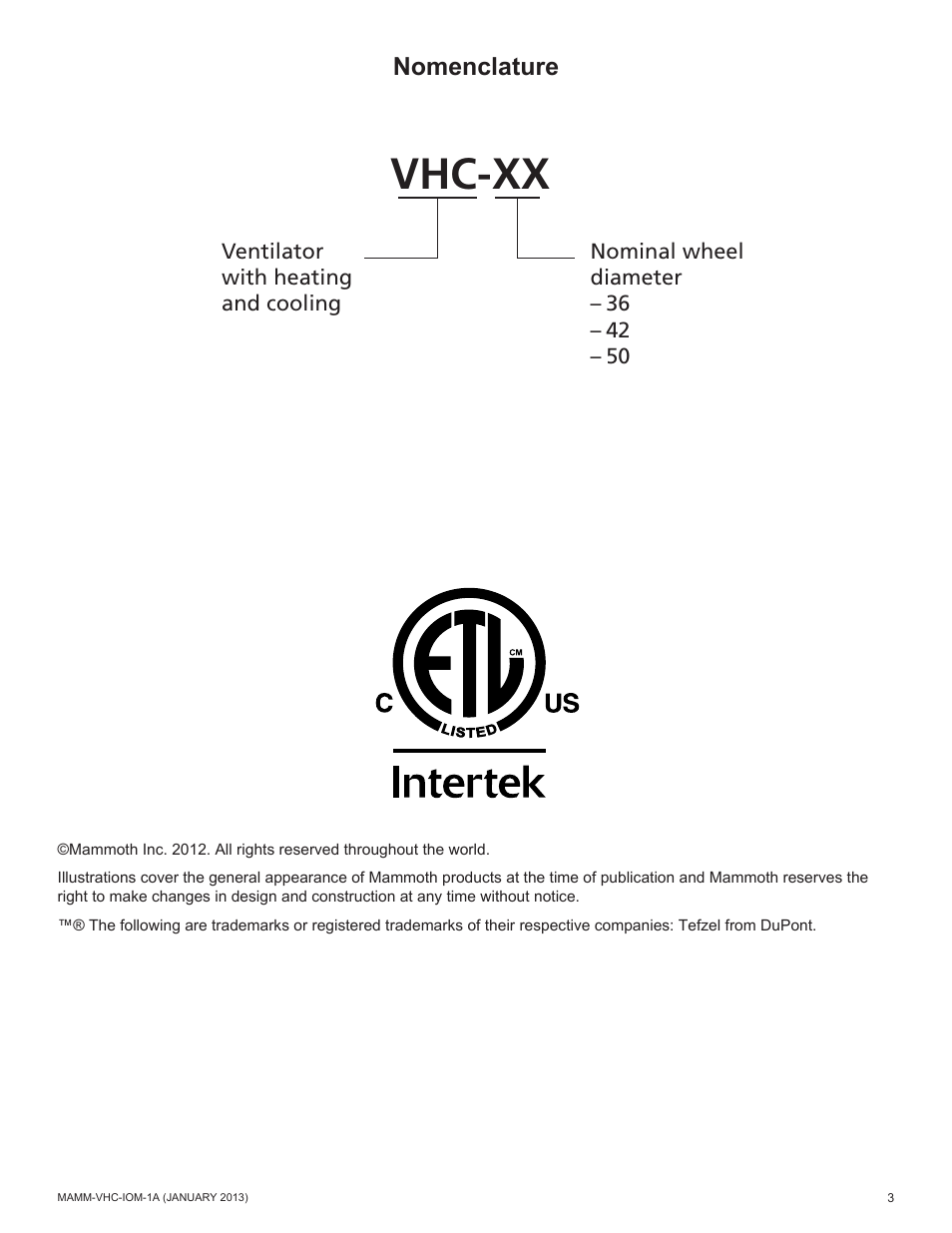 Vhc-xx, Nomenclature | Mammoth 800 to 5500 CFM: Dedicated Outdoor Air System with Enthalpy Wheels (VHC) User Manual | Page 3 / 48
