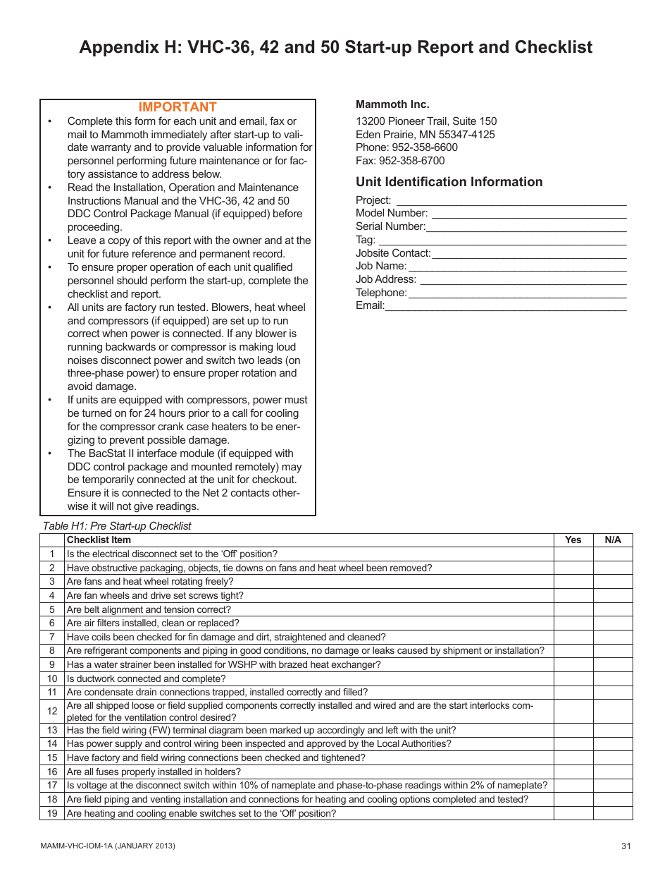 Mammoth 800 to 5500 CFM: Dedicated Outdoor Air System with Enthalpy Wheels (VHC) User Manual | Page 31 / 48