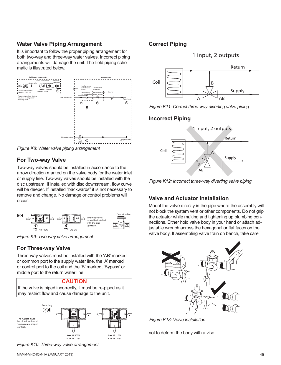 Water valve piping arrangement, For two-way valve, For three-way valve | 1 input, 2 outputs, Caution, Figure k8: water valve piping arrangement, Figure k9: two-way valve arrangement, Figure k10: three-way valve arrangement | Mammoth 800 to 5500 CFM: Dedicated Outdoor Air System with Enthalpy Wheels (VHC) User Manual | Page 45 / 48