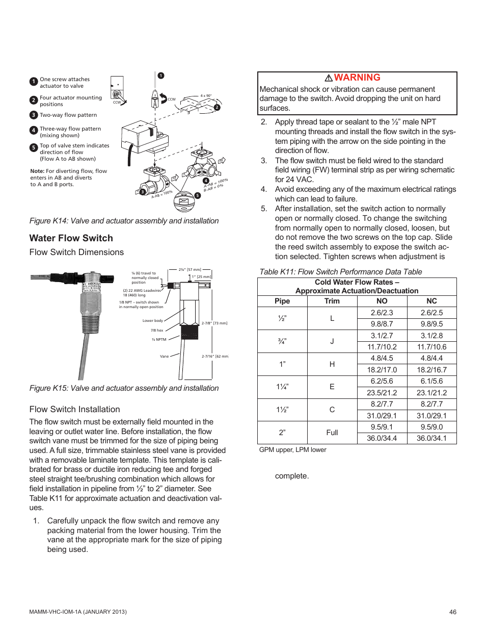 Water flow switch, Warning, Flow switch dimensions flow switch installation | Mammoth 800 to 5500 CFM: Dedicated Outdoor Air System with Enthalpy Wheels (VHC) User Manual | Page 46 / 48