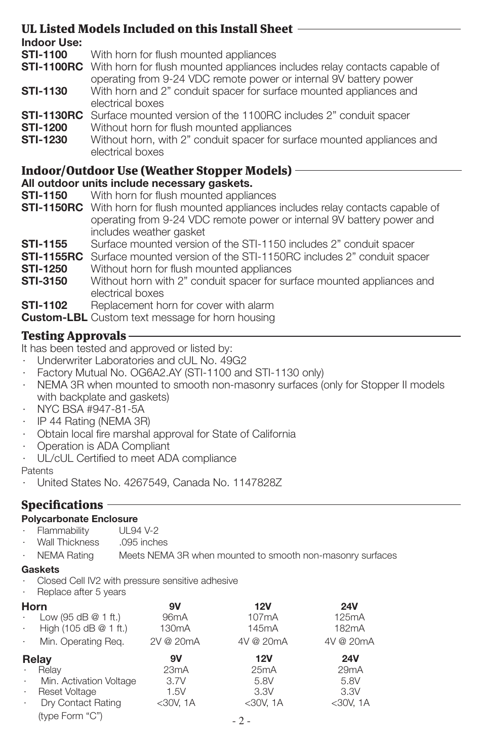 Ul listed models included on this install sheet, Specifications, Testing approvals | Indoor/outdoor use (weather stopper models) | STI 1102 User Manual | Page 2 / 8