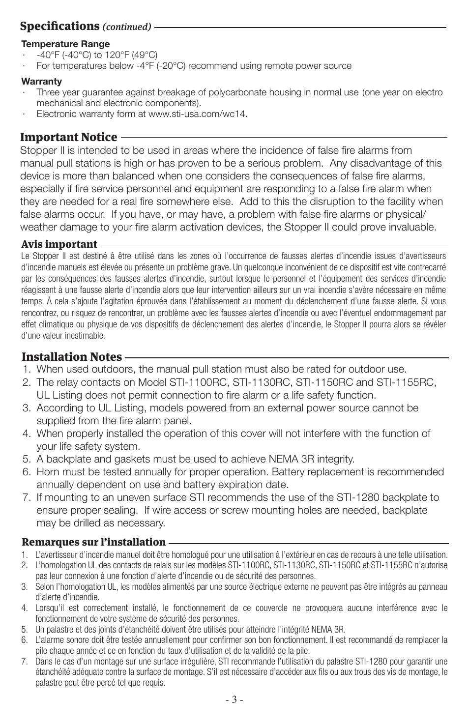 Specifications, Important notice | STI 1102 User Manual | Page 3 / 8