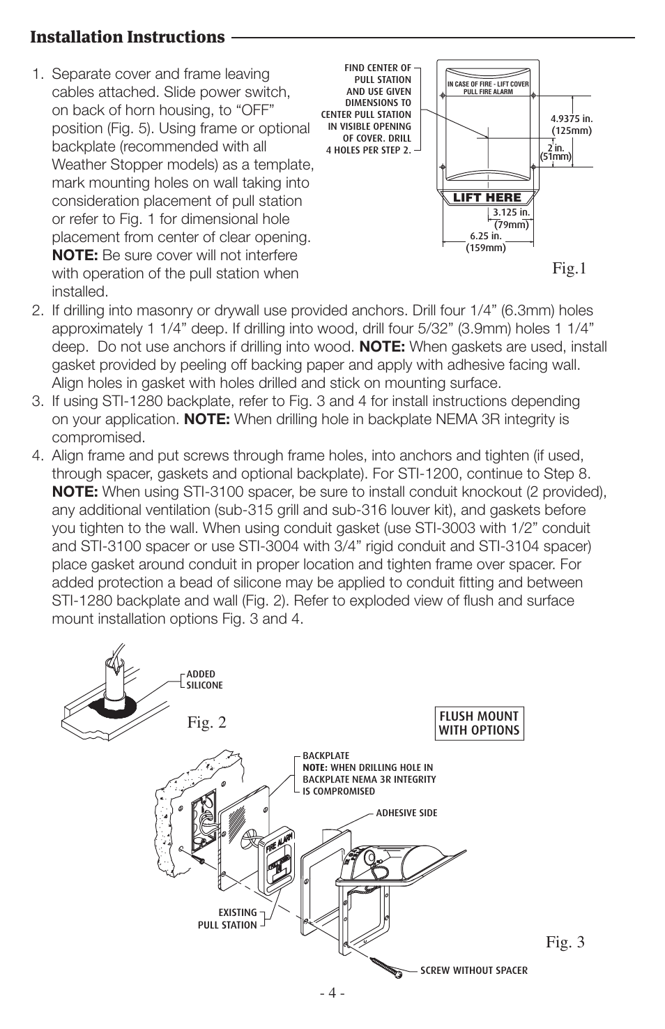 Installation instructions, Fig. 2 fig. 3 fig.1, Models with horn (sti-1100 series) | Side view, All models end view, Depth chart for sti stopper ii, View of relay contact, Exploded electronic view side view, Exploded electronic view | STI 1102 User Manual | Page 4 / 8