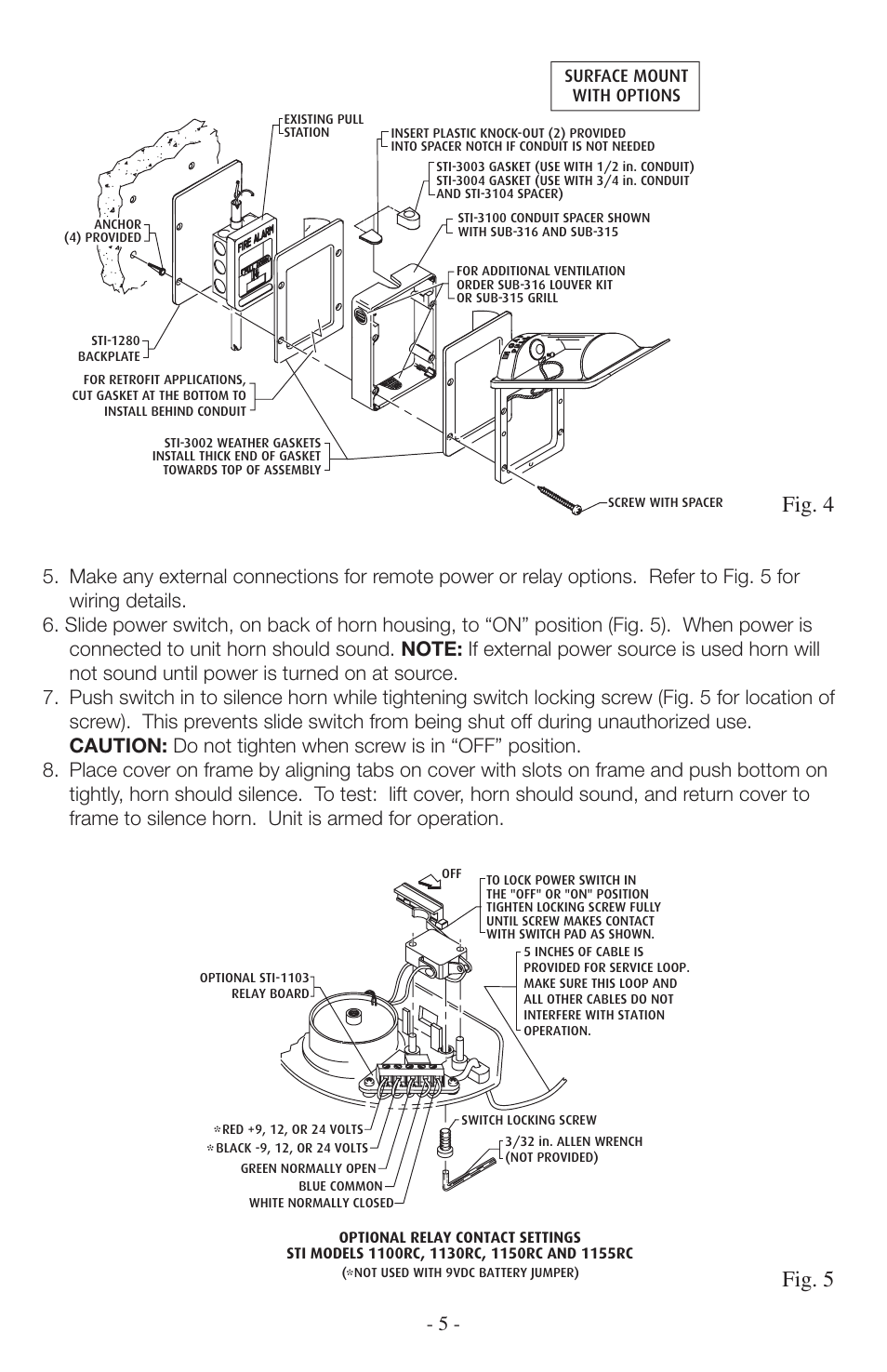 Fig. 4, Fig. 5, Models with horn (sti-1100 series) | Side view, All models end view, Depth chart for sti stopper ii, View of relay contact, Exploded electronic view side view, Exploded electronic view | STI 1102 User Manual | Page 5 / 8