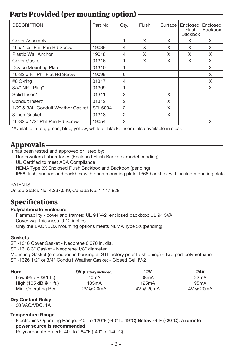 Approvals, Specifications, Parts provided (per mounting option) | STI UNIVERSAL STOPPER SERIES User Manual | Page 2 / 8