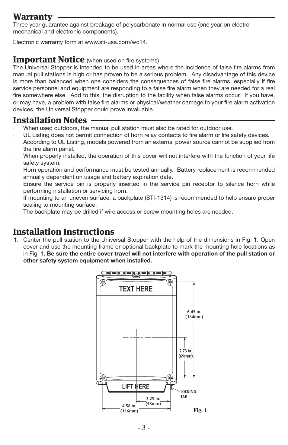 Lift here, Text here, Important notice | Installation instructions, Warranty, Flush end view, Flush side view | STI UNIVERSAL STOPPER SERIES User Manual | Page 3 / 8