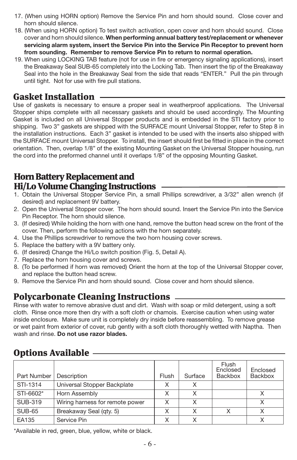 Polycarbonate cleaning instructions, Gasket installation, Options available | STI UNIVERSAL STOPPER SERIES User Manual | Page 6 / 8