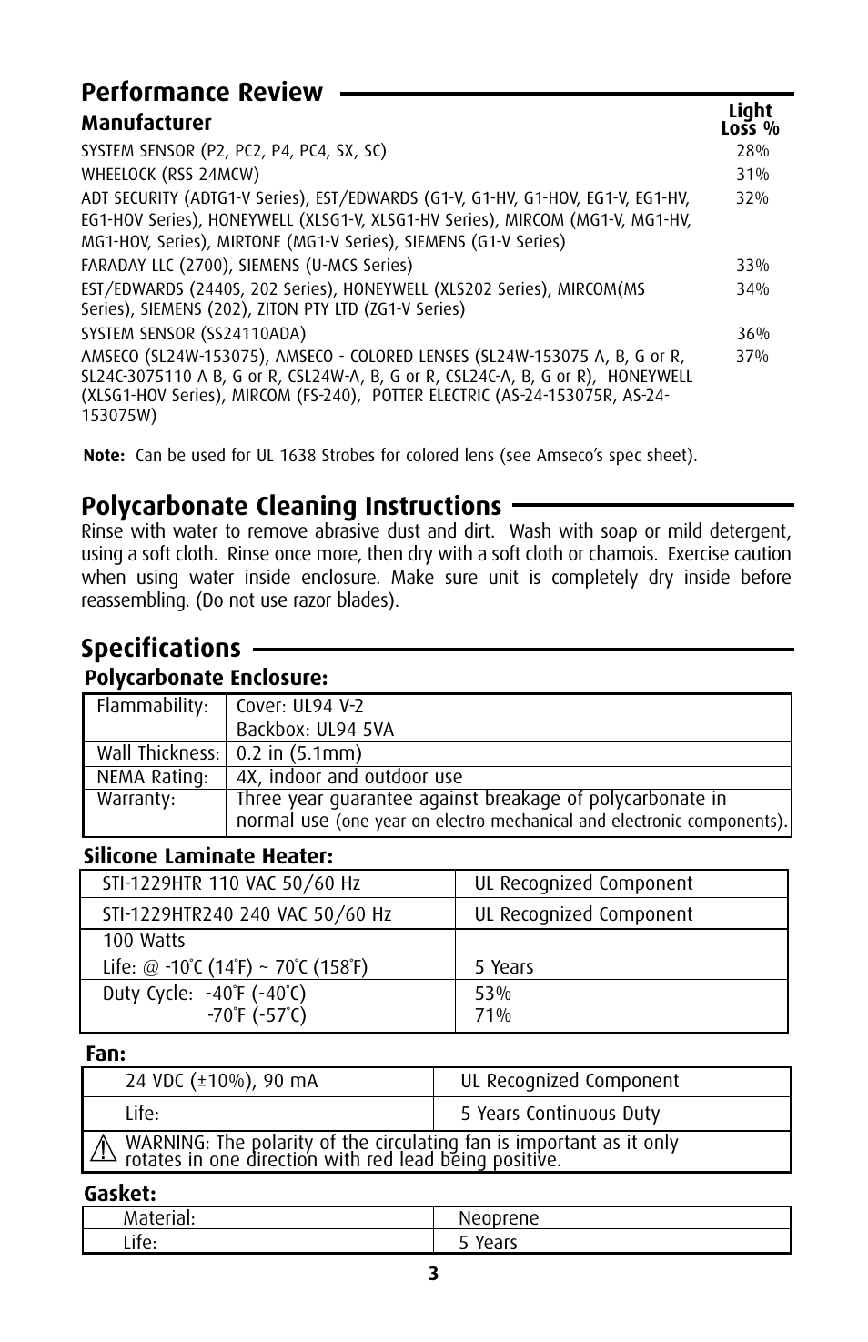 Polycarbonate cleaning instructions, Specifications, Performance review | STI 1229HTR240 User Manual | Page 3 / 8