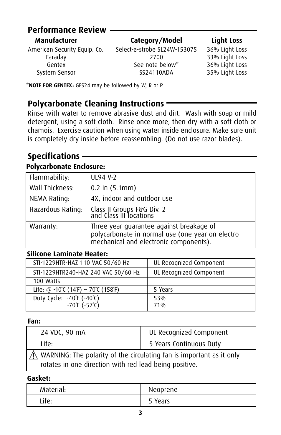 Performance review, Polycarbonate cleaning instructions, Specifications | STI 1229HTR-HAZ User Manual | Page 3 / 8